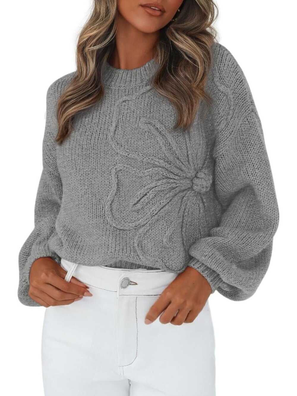 ๐Women's Grey Oversized 3D Floral Knit Sweater Crew Neck Lantern Sleeve